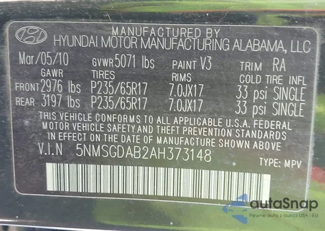 2010 Hyundai Santa Fe Gls z USA, uszkodzony, nr VIN 5NMSGDAB2AH373148